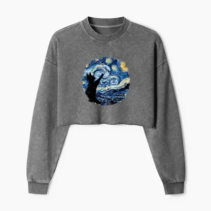 Tokyo-Tiger Starry Night Black Cat Washed Crop Sweatshirt