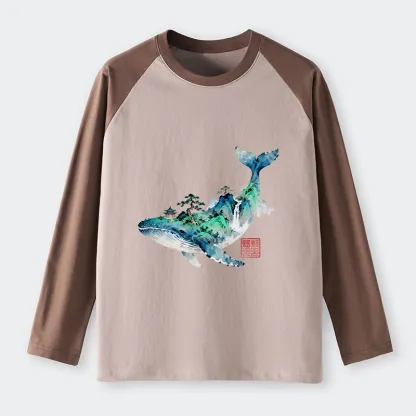 Tokyo-Tiger Whale Ink Painting Landscape Raglan Long Sleeve T-shirt