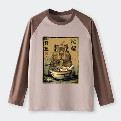 Tokyo-Tiger Cute Capybara Eating Ramen Raglan Long Sleeve T-shirt