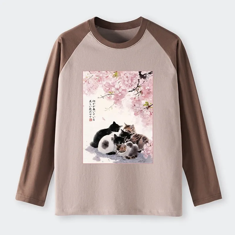 Tokyo-Tiger Cute Cats Sakura Garden Raglan Long Sleeve T-shirt