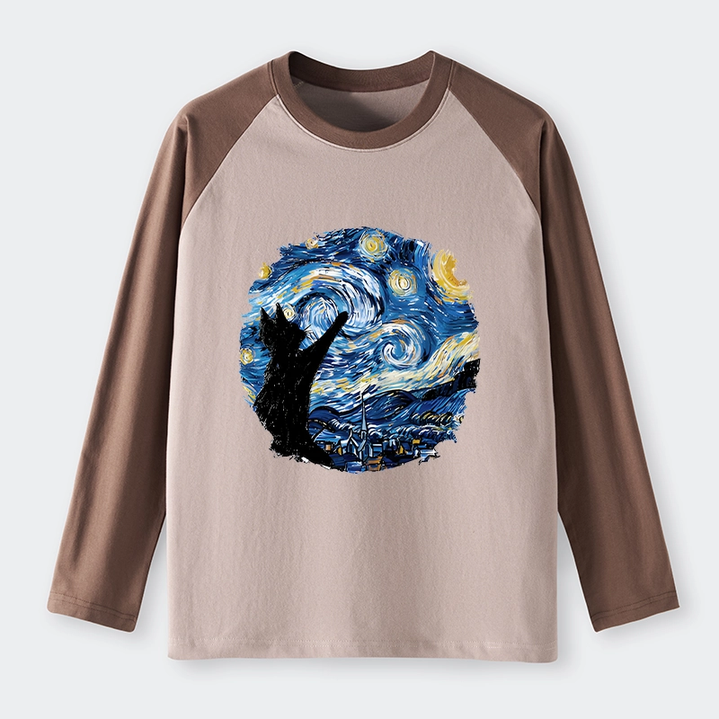 Tokyo-Tiger Starry Night Black Cat Raglan Long Sleeve T-shirt