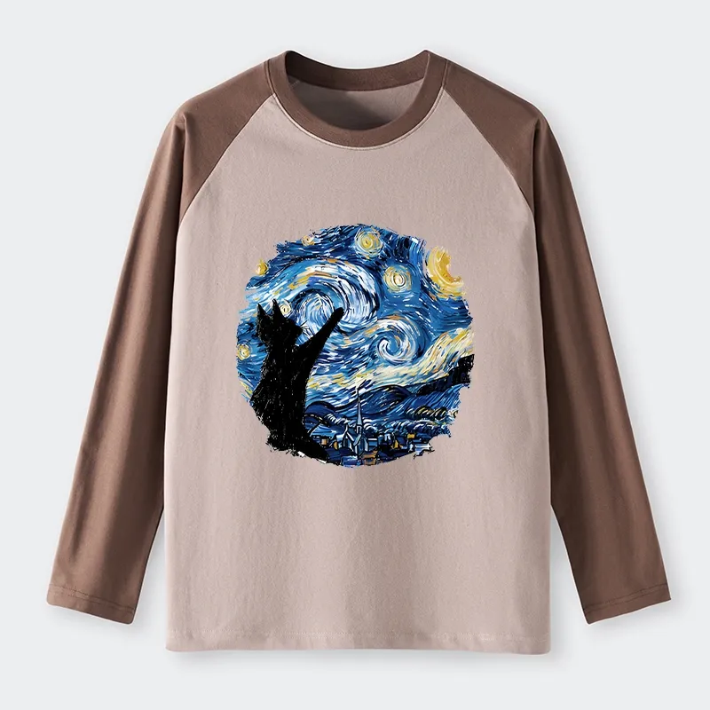 Tokyo-Tiger Starry Night Black Cat Raglan Long Sleeve T-shirt