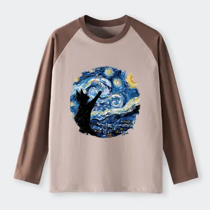 Tokyo-Tiger Starry Night Black Cat Raglan Long Sleeve T-shirt