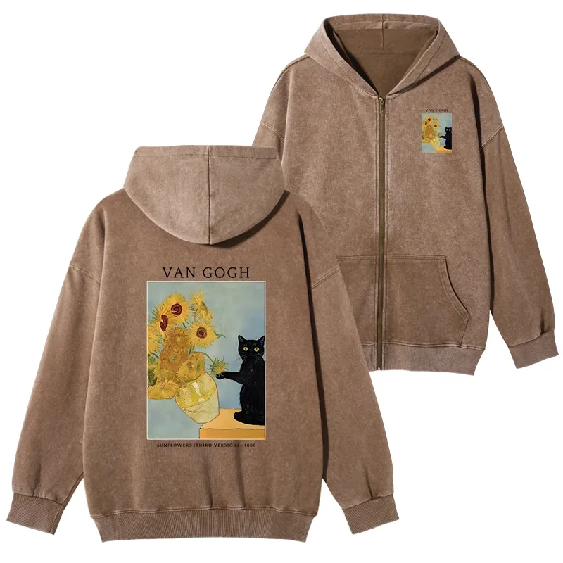 Tokyo-Tiger Black Cat With Sunflowers Washed Zip Hoodie
