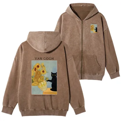 Tokyo-Tiger Black Cat With Sunflowers Washed Zip Hoodie