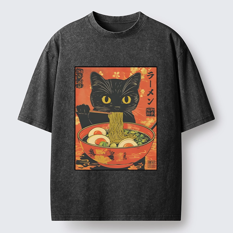 Tokyo-Tiger Hungry Black Cat Loves Ramen Washed T-Shirt