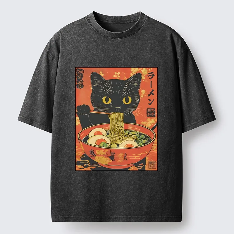 Tokyo-Tiger Hungry Black Cat Loves Ramen Washed T-Shirt Sale