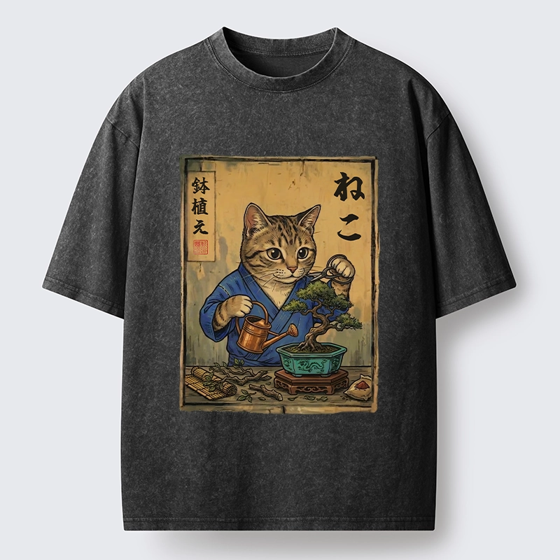 Tokyo-Tiger Cat Mastering Bonsai Art Washed T-Shirt