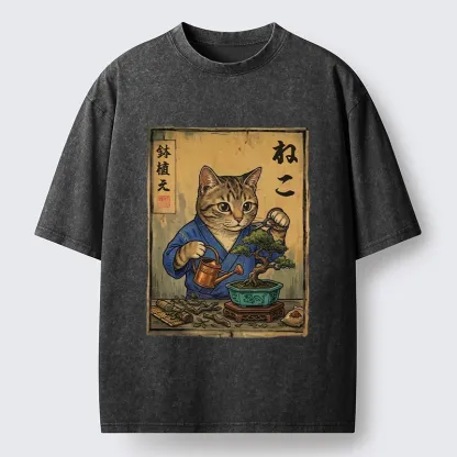 Tokyo-Tiger Cat Mastering Bonsai Art Washed T-Shirt