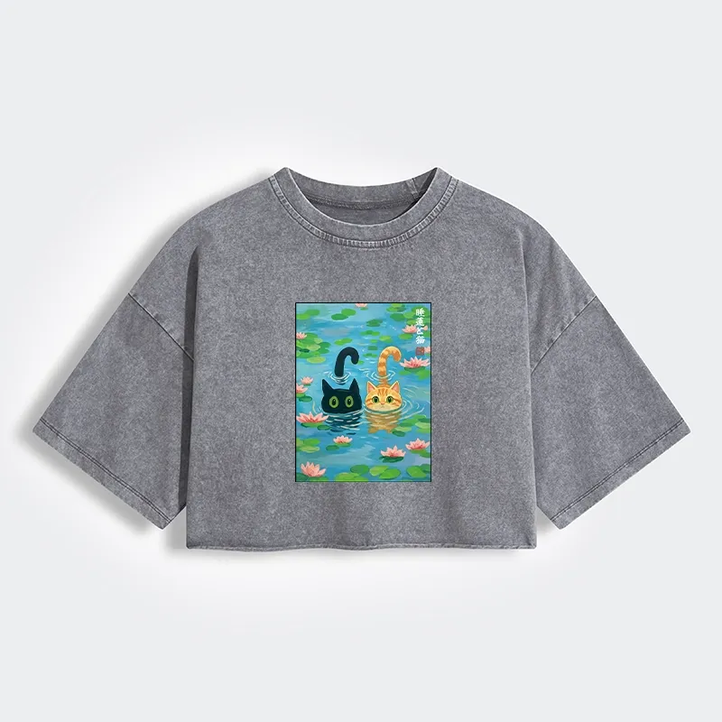 Tokyo-Tiger Cats In The Lotus Pond Women's Washed Crop T-Shirt