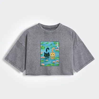 Tokyo-Tiger Cats In The Lotus Pond Women's Washed Crop T-Shirt