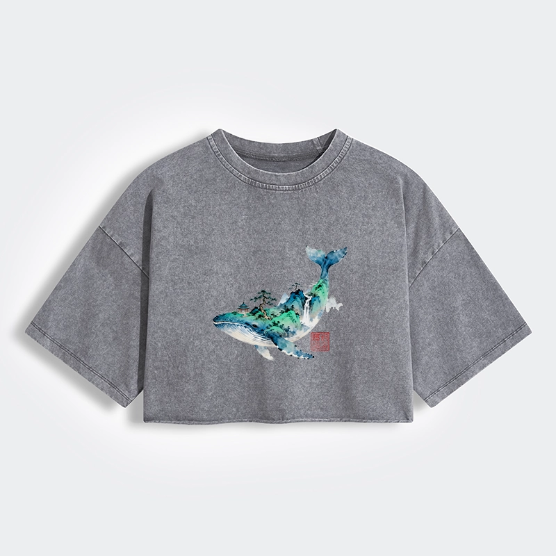 Tokyo-Tiger Whale Ink Painting Landscape Women's Washed Crop T-Shirt