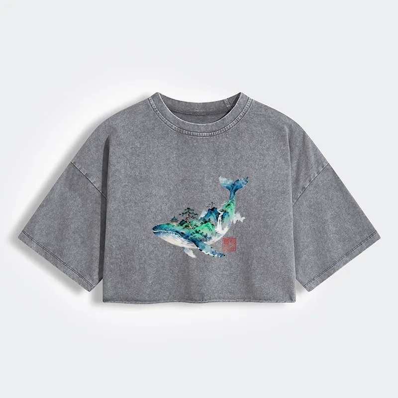 Tokyo-Tiger Whale Ink Painting Landscape Women's Washed Crop T-Shirt