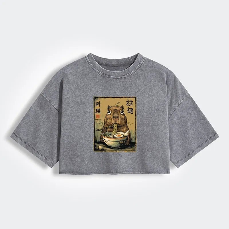 Tokyo-Tiger Cute Capybara Eating Ramen Women's Washed Crop T-Shirt