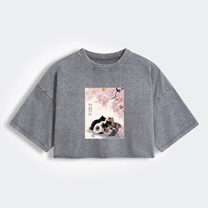 Tokyo-Tiger Cute Cats Sakura Garden Women's Washed Crop T-Shirt