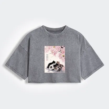 Tokyo-Tiger Cute Cats Sakura Garden Women's Washed Crop T-Shirt
