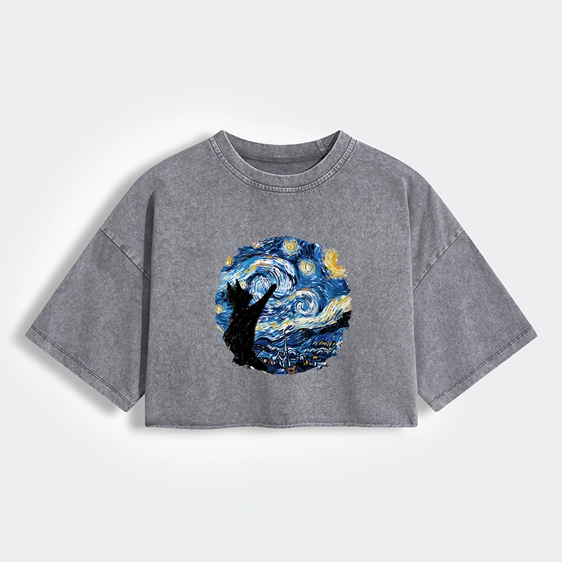 Tokyo-Tiger Starry Night Black Cat Women's Washed Crop T-Shirt