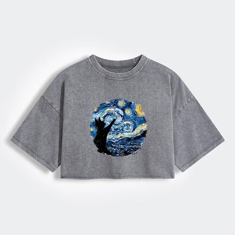 Tokyo-Tiger Starry Night Black Cat Women's Washed Crop T-Shirt