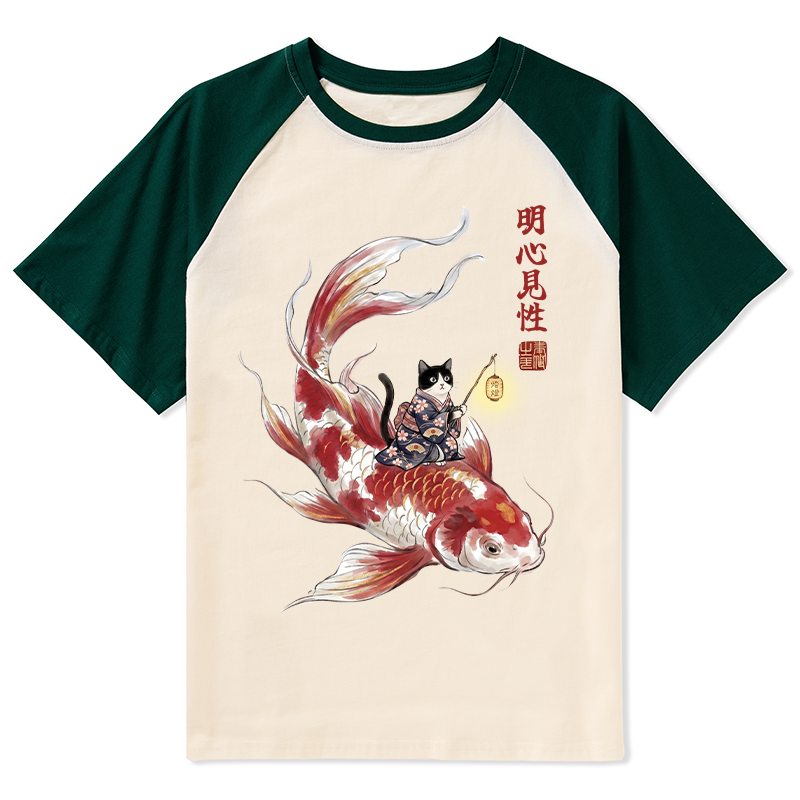 Tokyo-Tiger Cute Kimono Cat On Koi Fish Raglan T-shirt