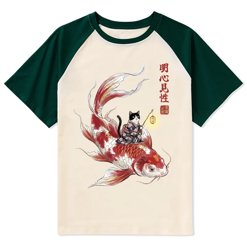 Tokyo-Tiger Cute Kimono Cat On Koi Fish Raglan T-shirt