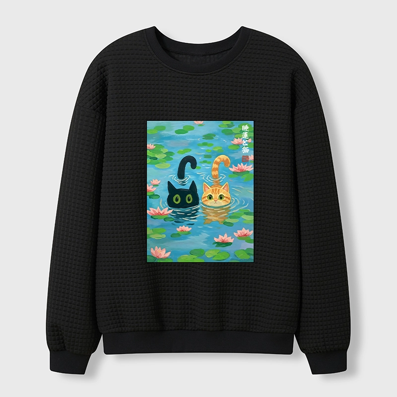 Tokyo-Tiger Cats In The Lotus Pond Waffle Sweatshirt