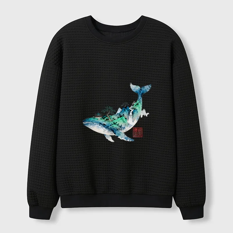 Tokyo-Tiger Whale Ink Painting Landscape Waffle Sweatshirt