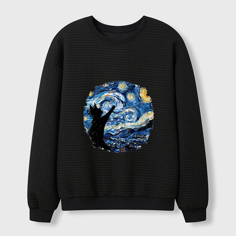Tokyo-Tiger Starry Night Black Cat Waffle Sweatshirt