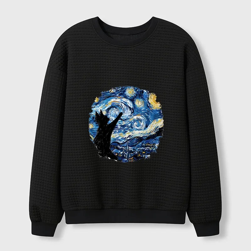 Tokyo-Tiger Starry Night Black Cat Waffle Sweatshirt Sale