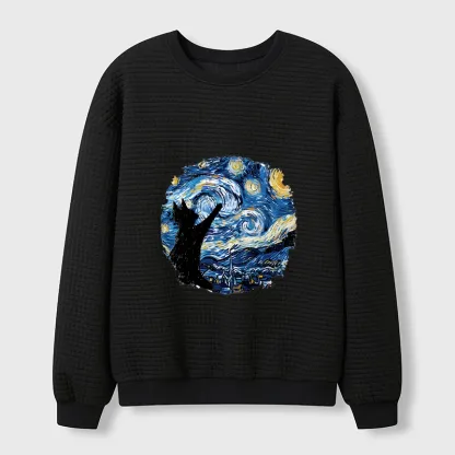 Tokyo-Tiger Starry Night Black Cat Waffle Sweatshirt