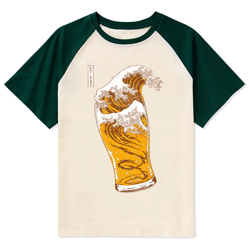 Tokyo-Tiger Great Beer Wave Print Raglan T-shirt