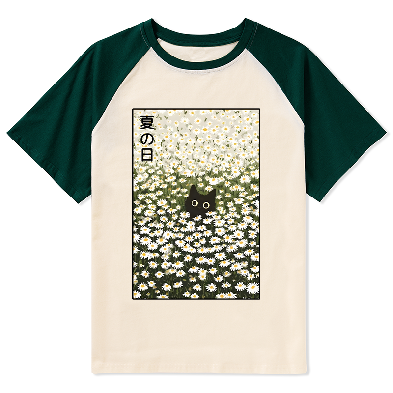 Tokyo-Tiger Summer Day Daisies Black Cat Raglan T-shirt