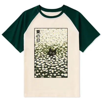 Tokyo-Tiger Summer Day Daisies Black Cat Raglan T-shirt