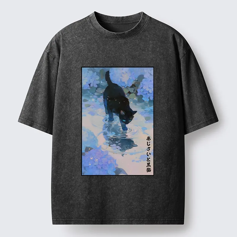 Tokyo-Tiger Midnight Cat In The Blue Rain Washed T-Shirt