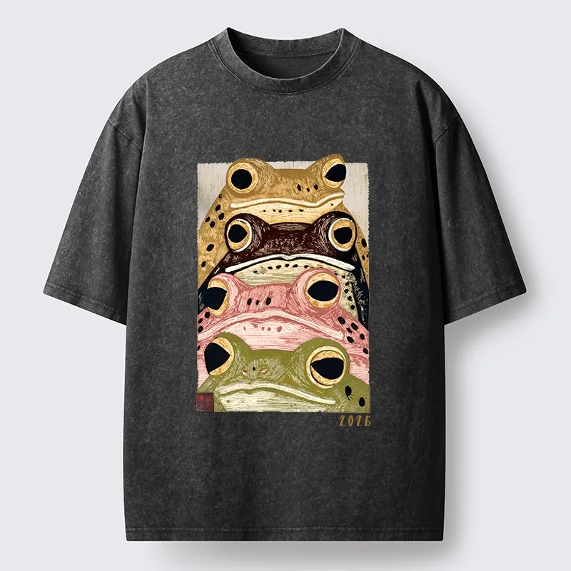 Tokyo-Tiger Whimsical Multi Colored Frog Art Washed T-Shirt