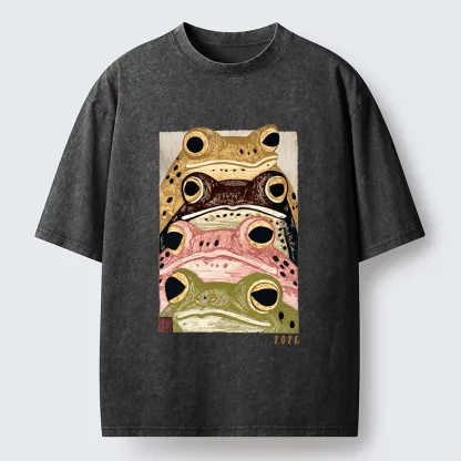 Tokyo-Tiger Whimsical Multi Colored Frog Art Washed T-Shirt