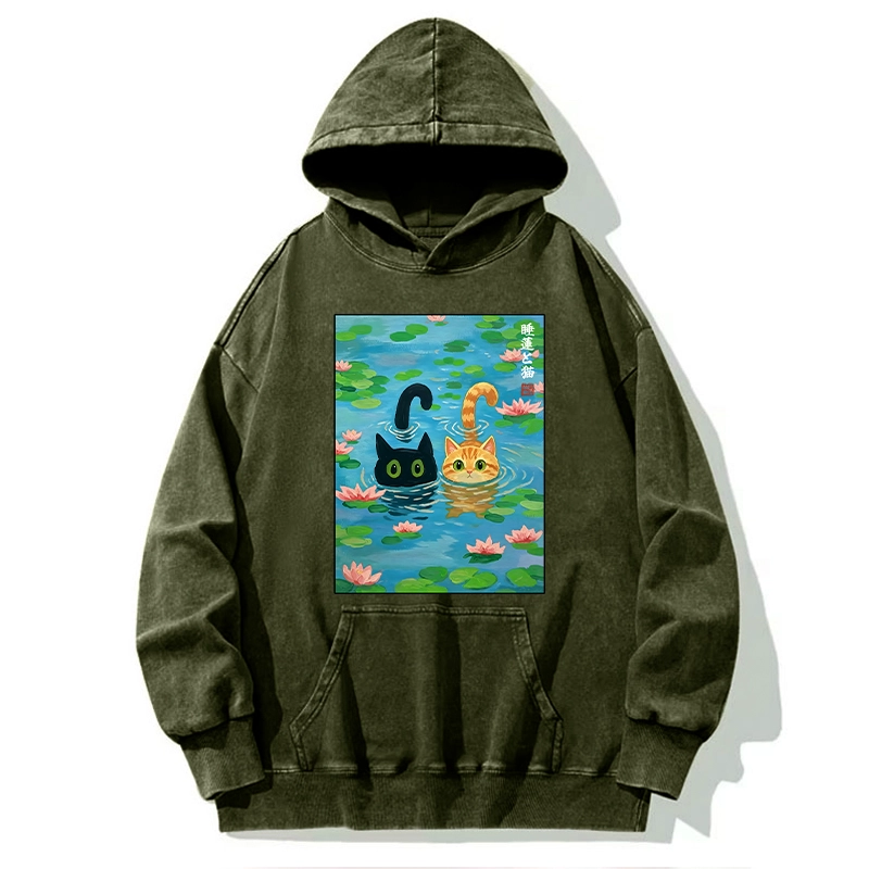 Tokyo-Tiger Cats In The Lotus Pond Washed Hoodie