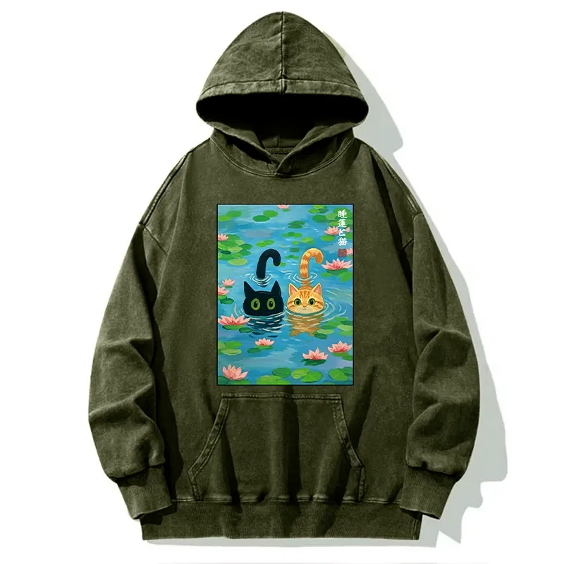 Tokyo-Tiger Cats In The Lotus Pond Washed Hoodie