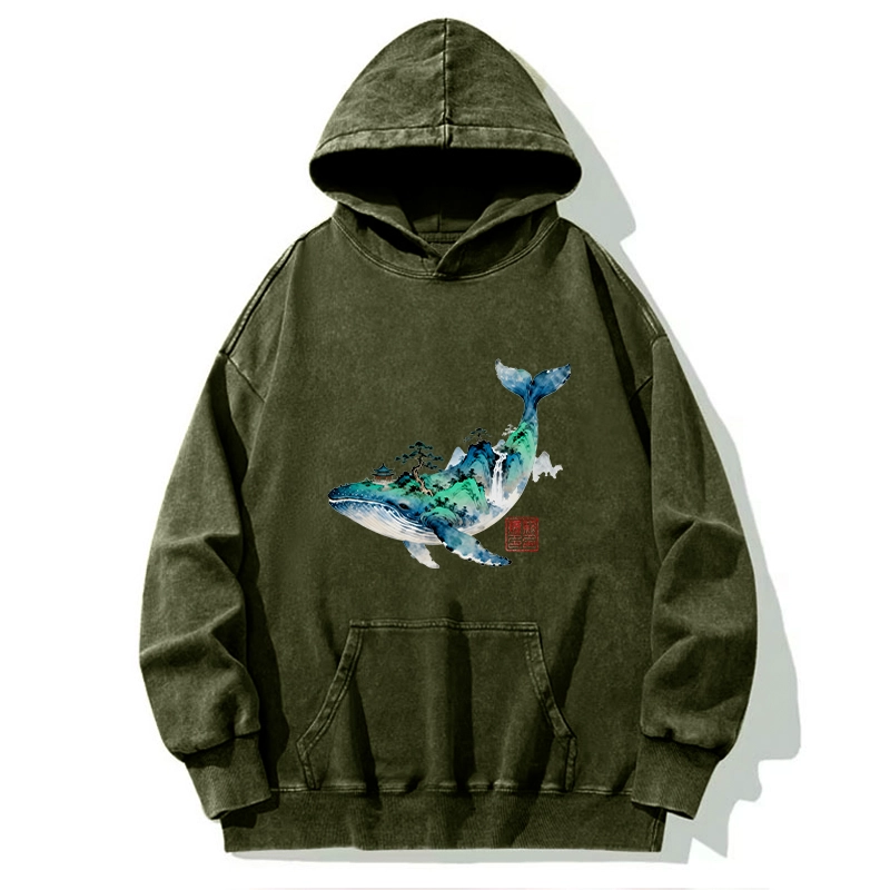 Tokyo-Tiger Whale Ink Painting Landscape Washed Hoodie