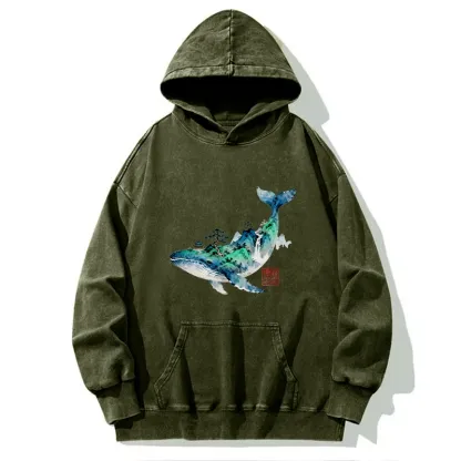 Tokyo-Tiger Whale Ink Painting Landscape Washed Hoodie