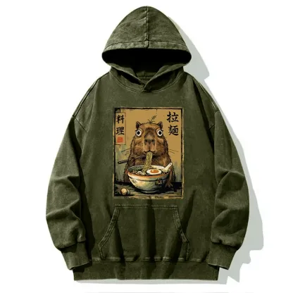 Tokyo-Tiger Cute Capybara Eating Ramen Washed Hoodie