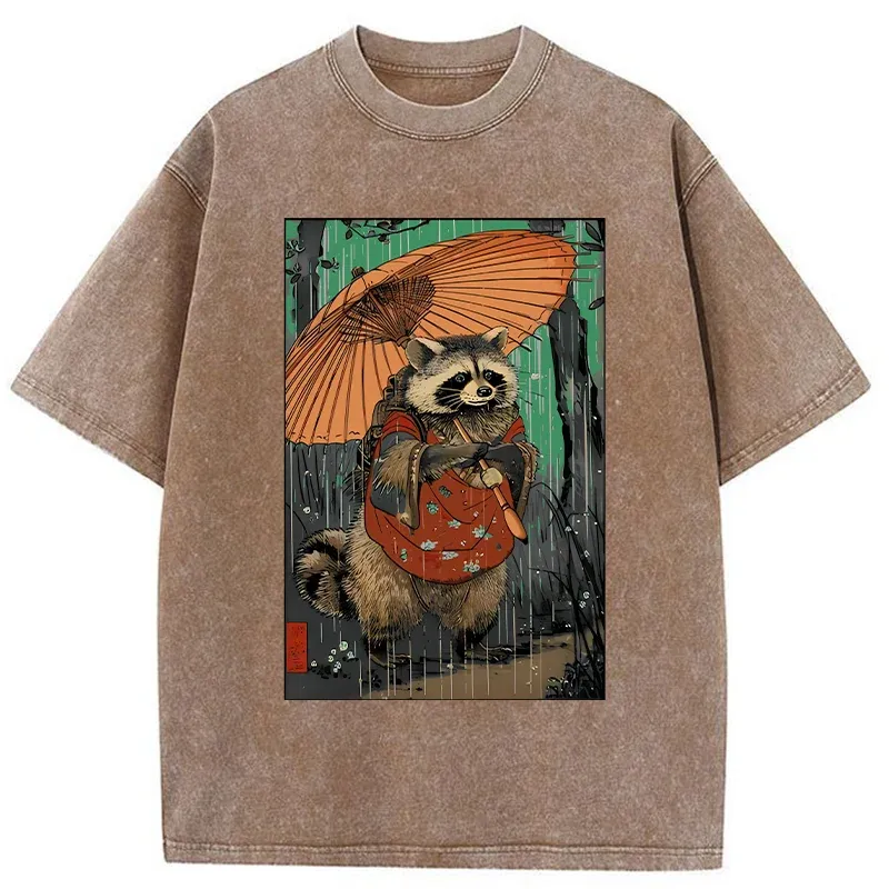 Tokyo-Tiger Cute Raccoon Japanese Washed T-Shirt