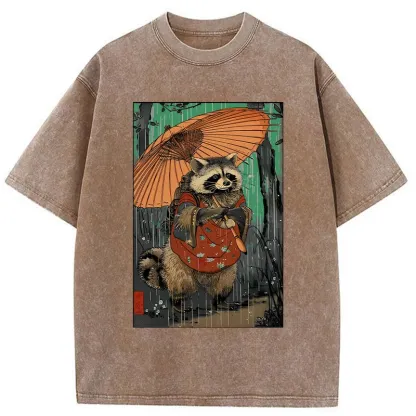 Tokyo-Tiger Cute Raccoon Japanese Washed T-Shirt