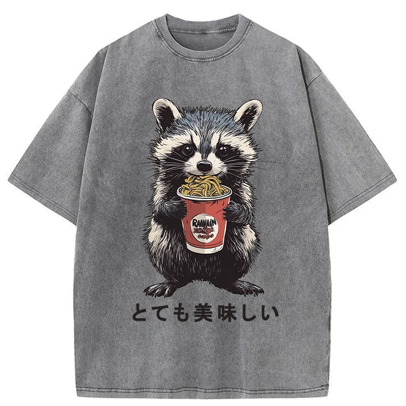 Tokyo-Tiger Cute Raccoon Eating Ramen Washed T-Shirt