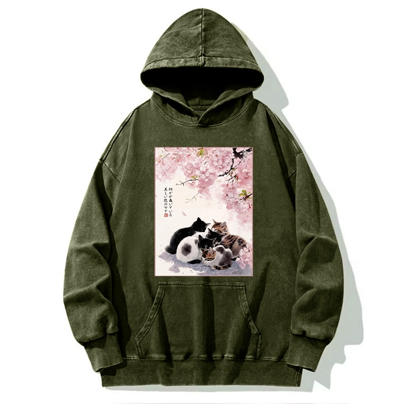 Tokyo-Tiger Cute Cats Sakura Garden Washed Hoodie