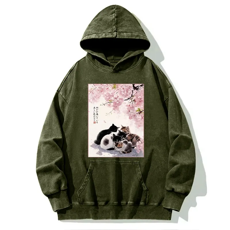 Tokyo-Tiger Cute Cats Sakura Garden Washed Hoodie