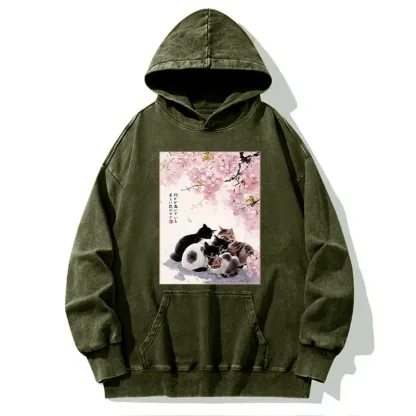 Tokyo-Tiger Cute Cats Sakura Garden Washed Hoodie