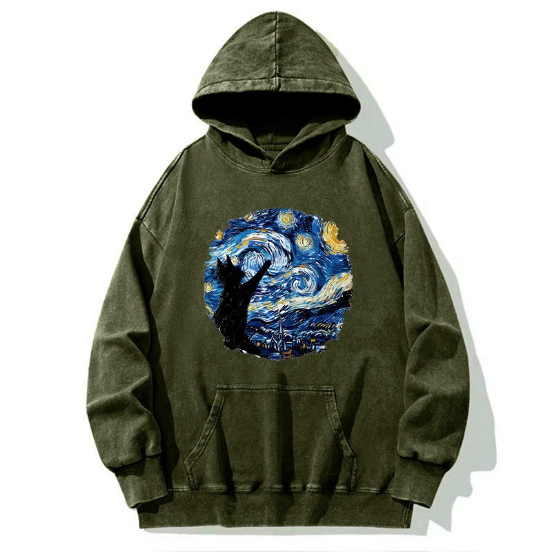 Tokyo-Tiger Starry Night Black Cat Washed Hoodie