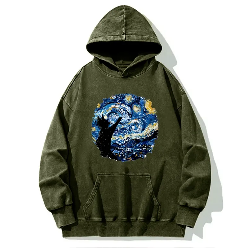 Tokyo-Tiger Starry Night Black Cat Washed Hoodie
