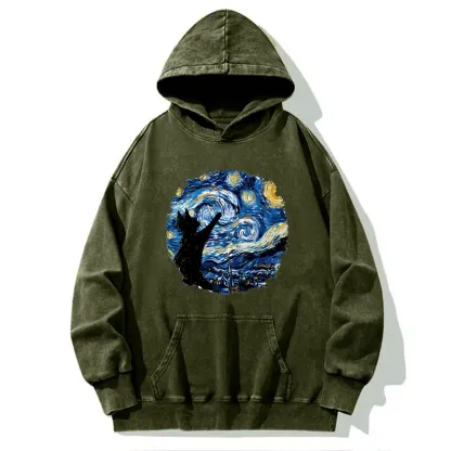 Tokyo-Tiger Starry Night Black Cat Washed Hoodie