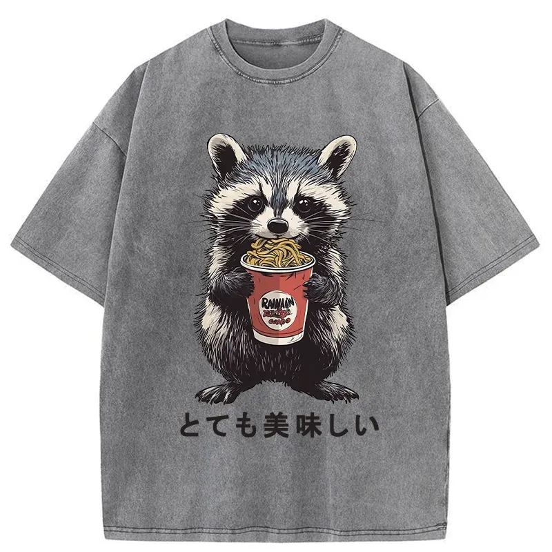 Tokyo-Tiger Cute Raccoon Eating Ramen Washed T-Shirt